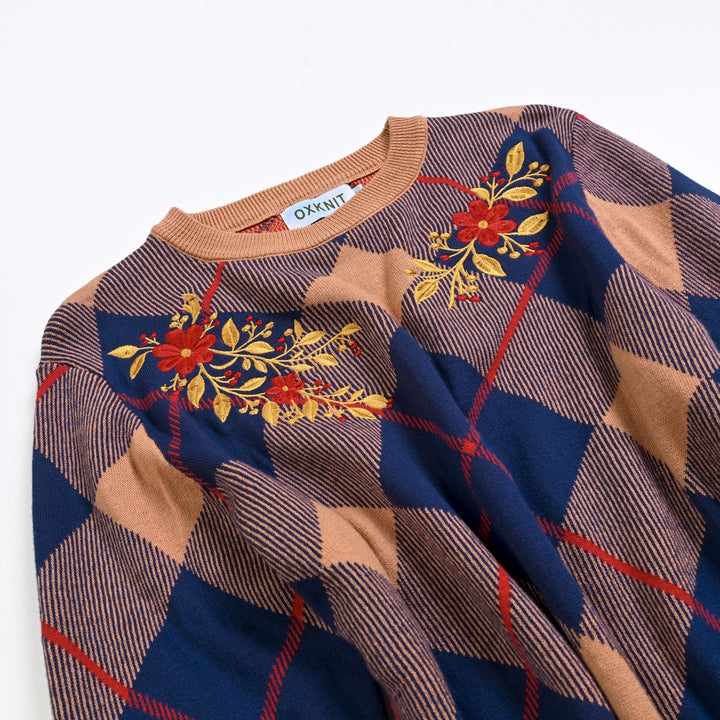 Women's Khaki Vintage Argyle Floral Embroidered Collegiate Knit Sweater