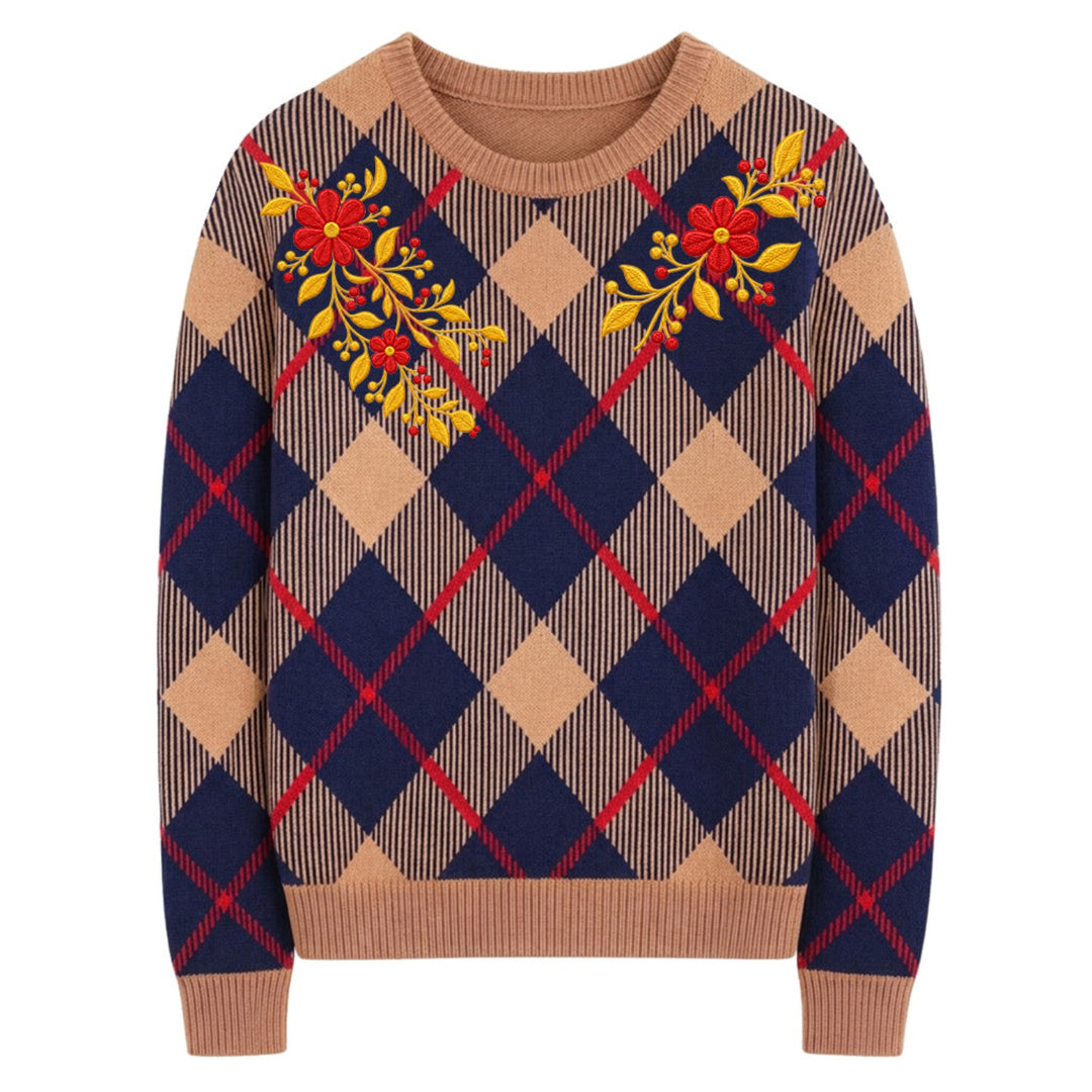 Women's Khaki Vintage Argyle Floral Embroidered Collegiate Knit Sweater