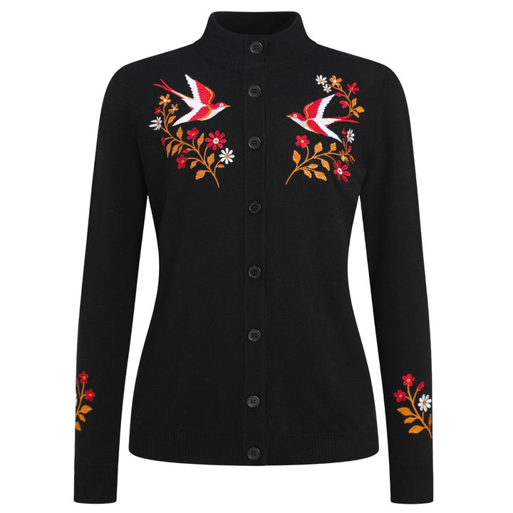 Damen Vintage Strickjacke mit Schwalben- und Blumenstickerei