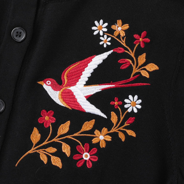 Damen Vintage Strickjacke mit Schwalben- und Blumenstickerei
