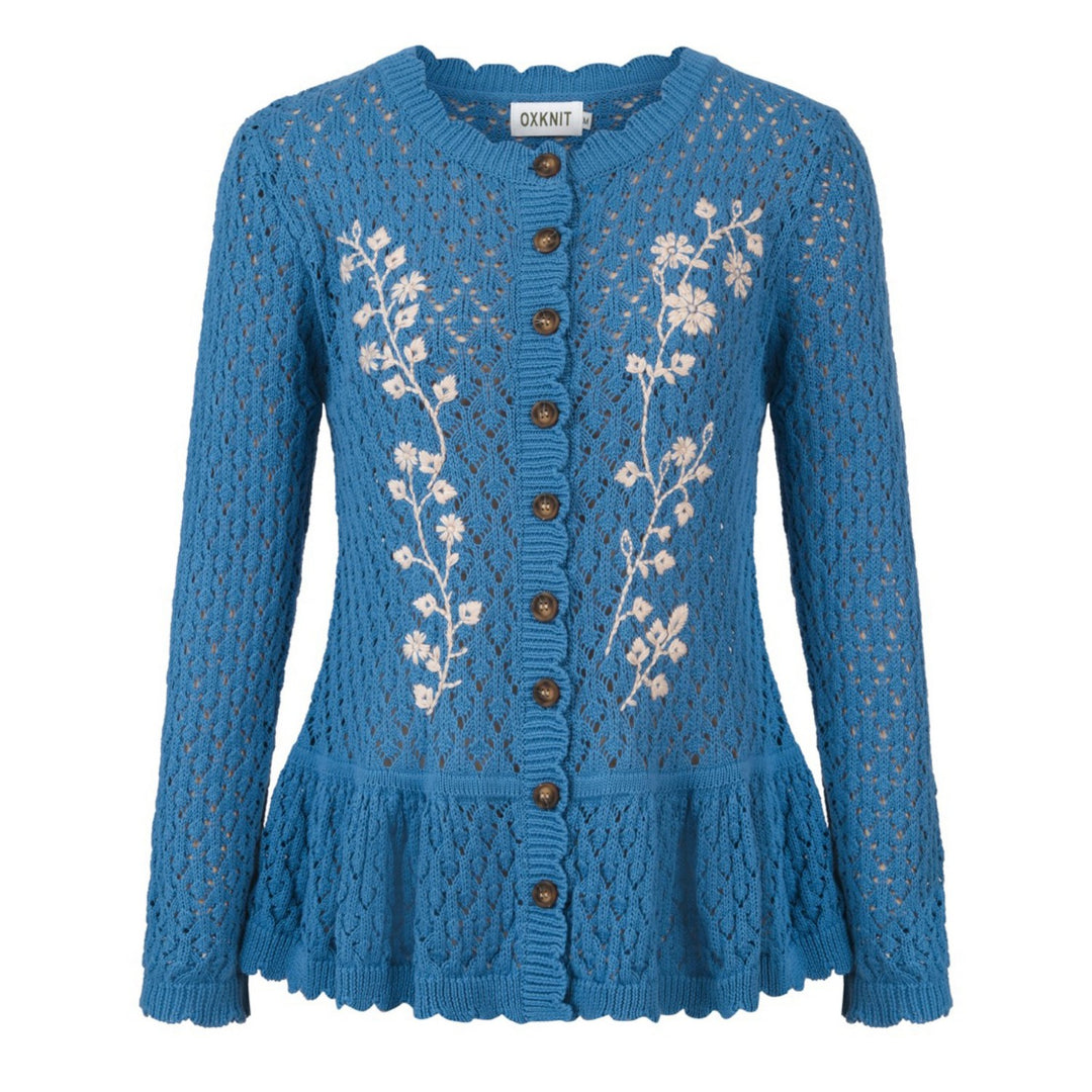 Women's Vintage Blue Openwork Floral Embroidered Ruffle Knit Cardigan