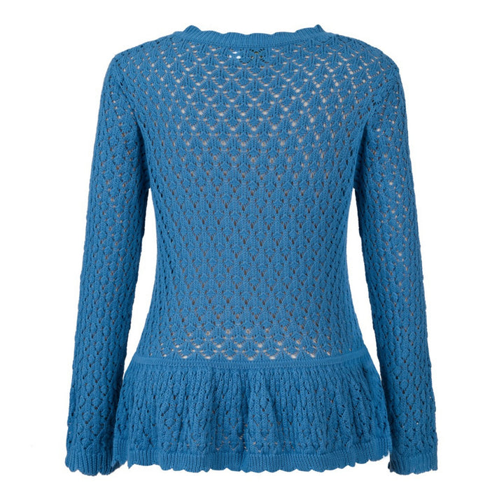 Women's Vintage Blue Openwork Floral Embroidered Ruffle Knit Cardigan
