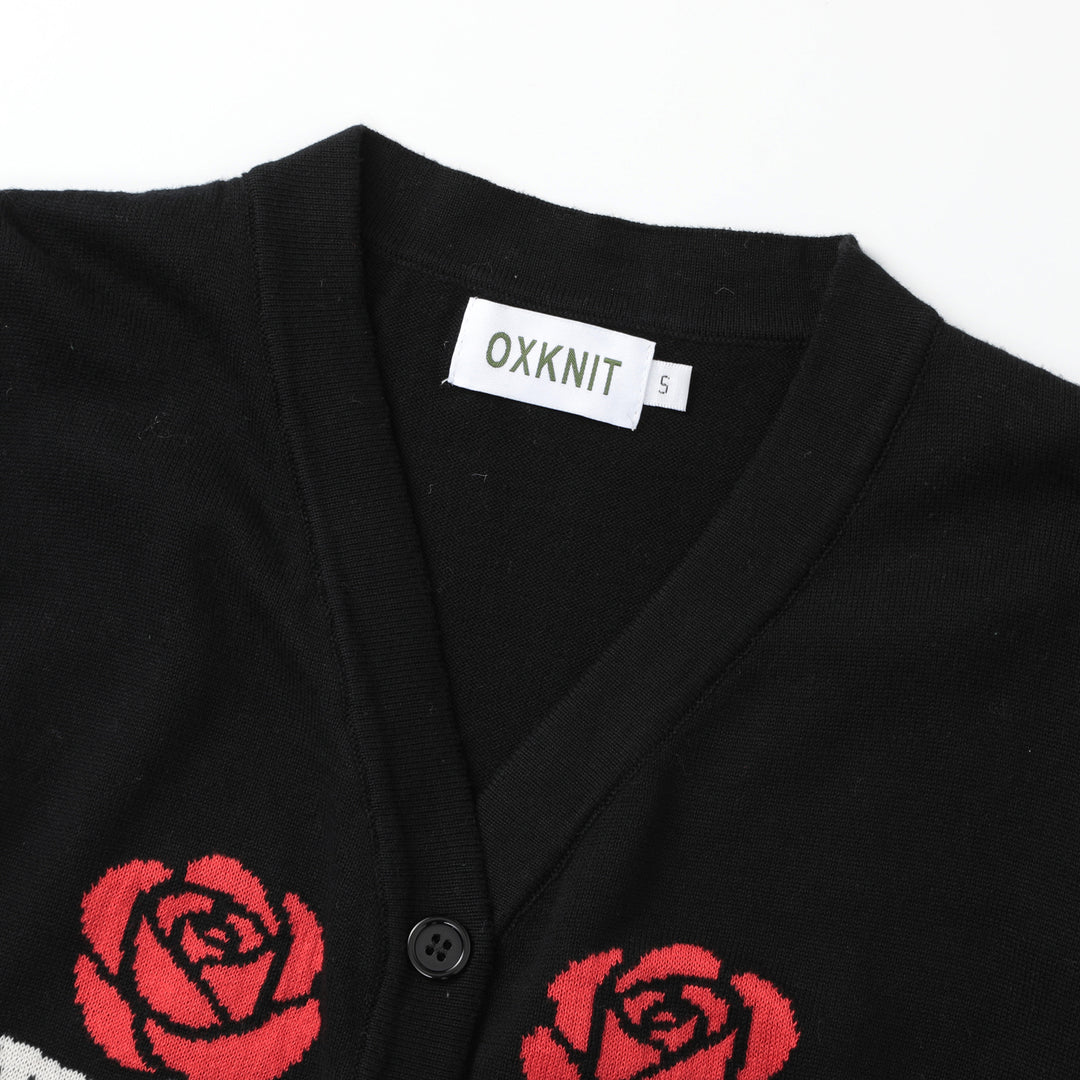 Women's Black Dark Romantic Black Cat & Red Rose Bell Sleeve Knit Cardigan