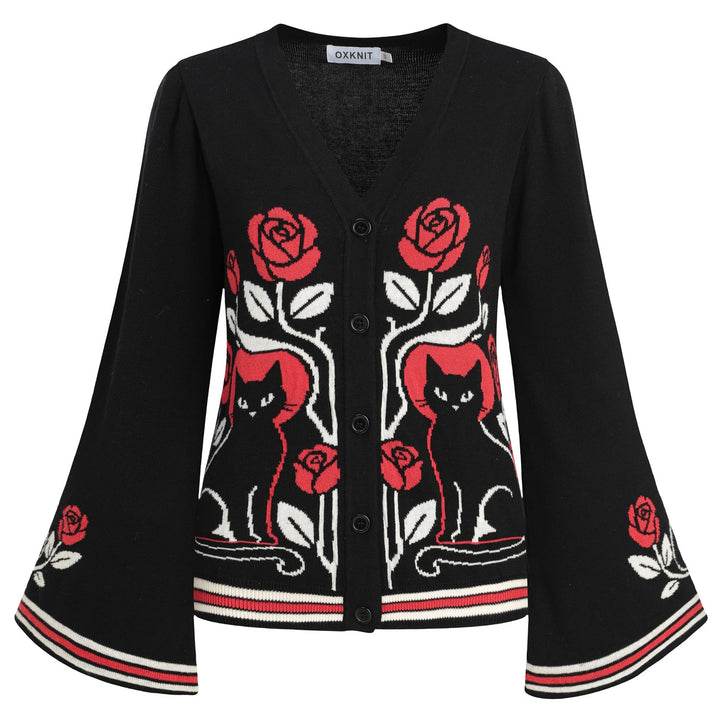 Women's Black Dark Romantic Black Cat & Red Rose Bell Sleeve Knit Cardigan