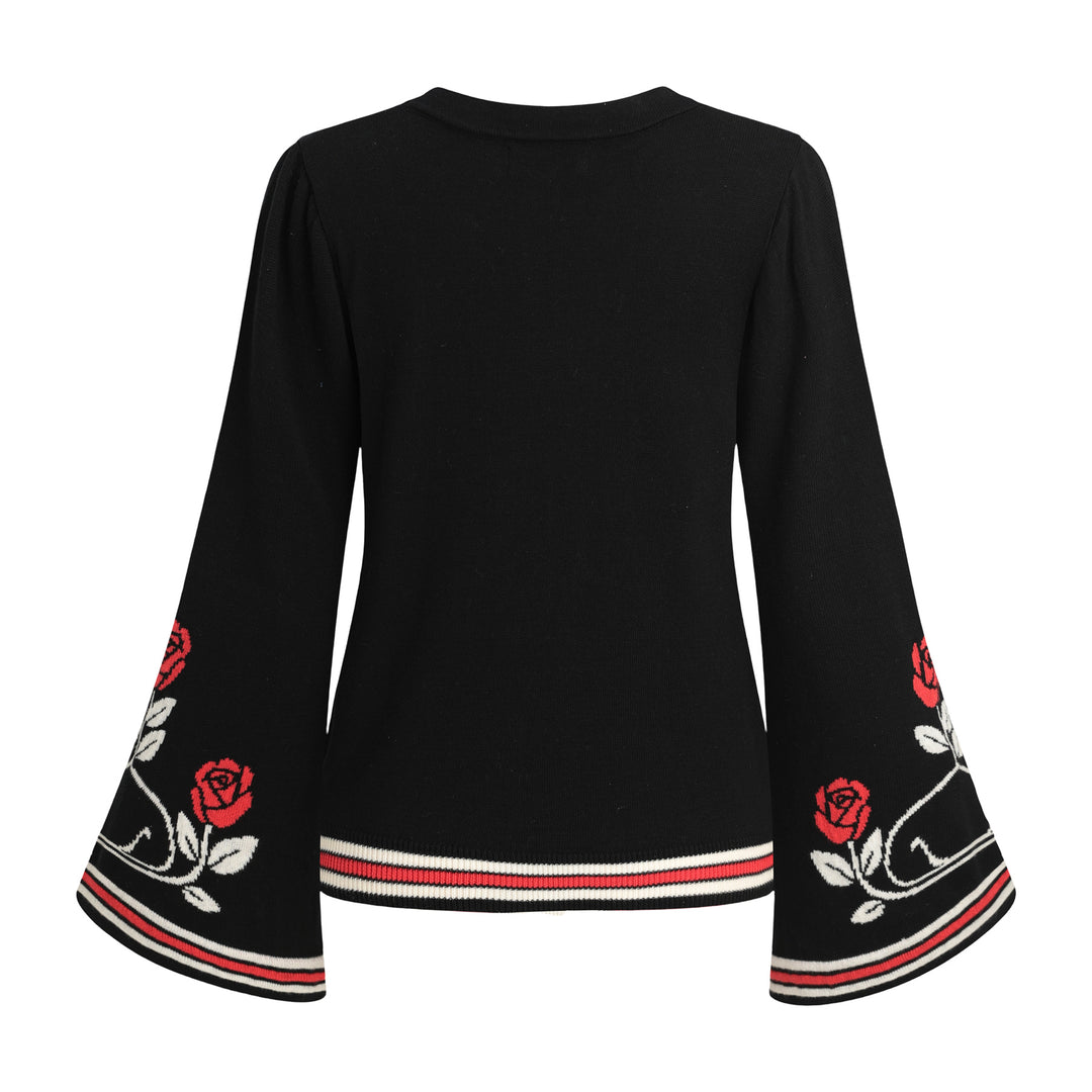Women's Black Dark Romantic Black Cat & Red Rose Bell Sleeve Knit Cardigan
