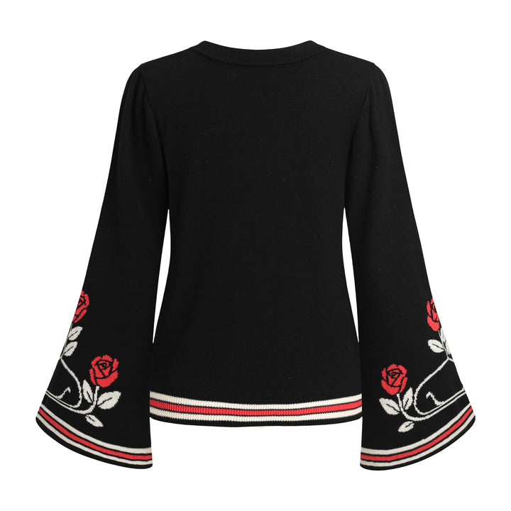 Women's Black Dark Romantic Black Cat & Red Rose Bell Sleeve Knit Cardigan