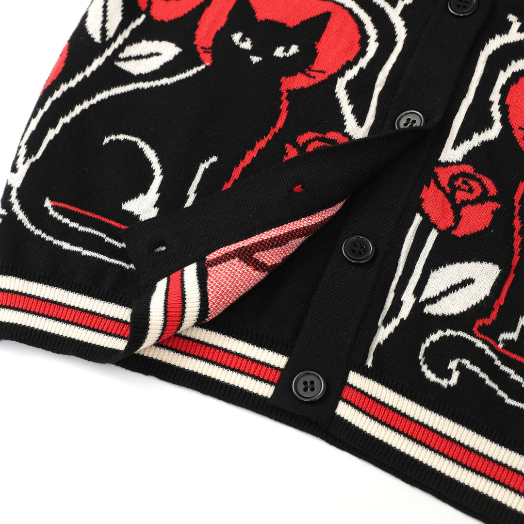 Women's Black Dark Romantic Black Cat & Red Rose Bell Sleeve Knit Cardigan