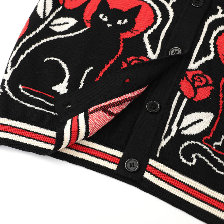 Women's Black Dark Romantic Black Cat & Red Rose Bell Sleeve Knit Cardigan