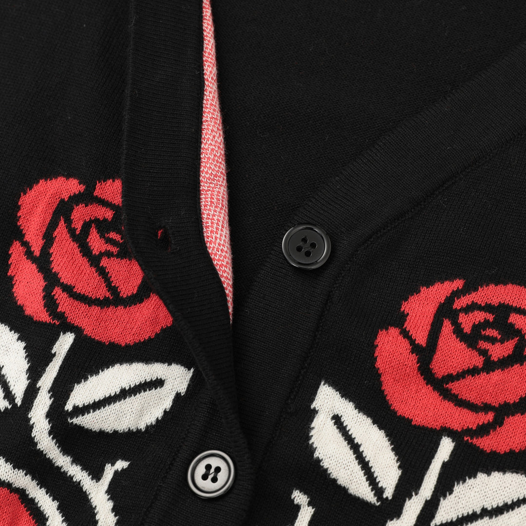 Women's Black Dark Romantic Black Cat & Red Rose Bell Sleeve Knit Cardigan