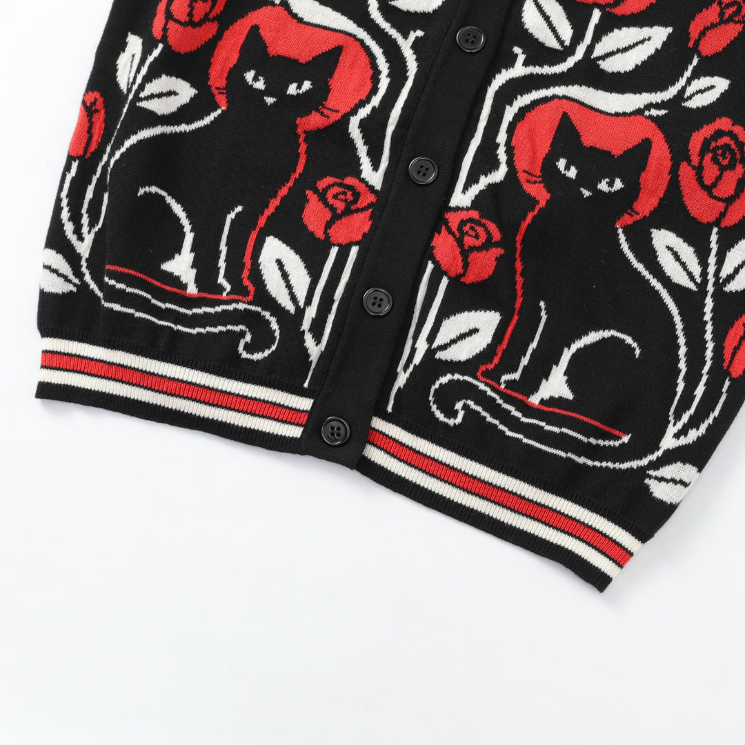 Women's Black Dark Romantic Black Cat & Red Rose Bell Sleeve Knit Cardigan