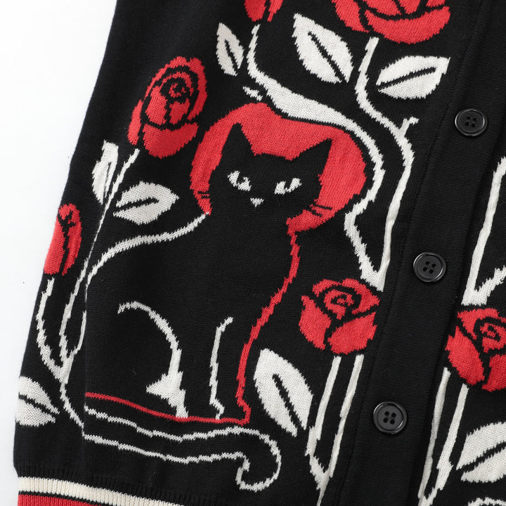 Women's Black Dark Romantic Black Cat & Red Rose Bell Sleeve Knit Cardigan