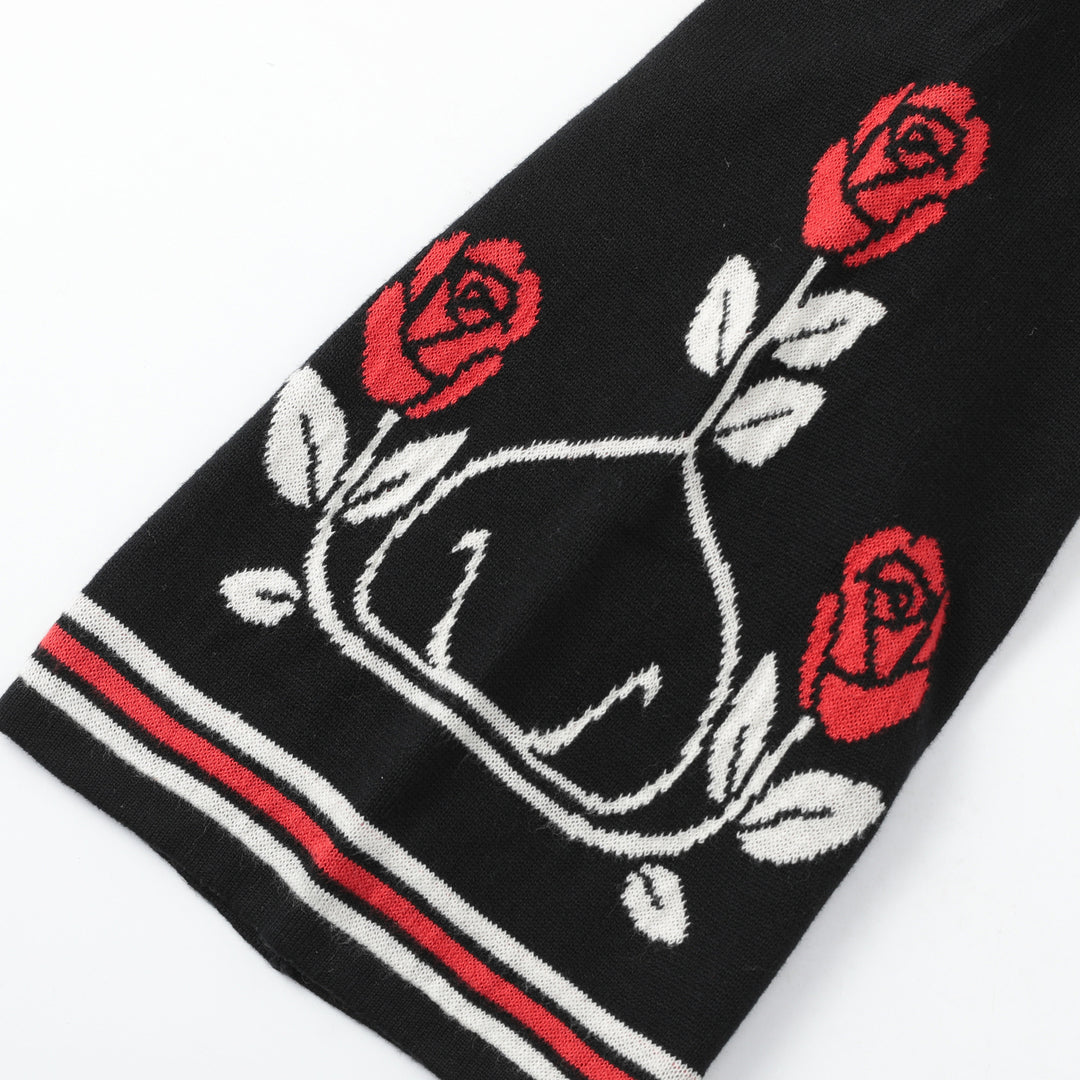 Women's Black Dark Romantic Black Cat & Red Rose Bell Sleeve Knit Cardigan