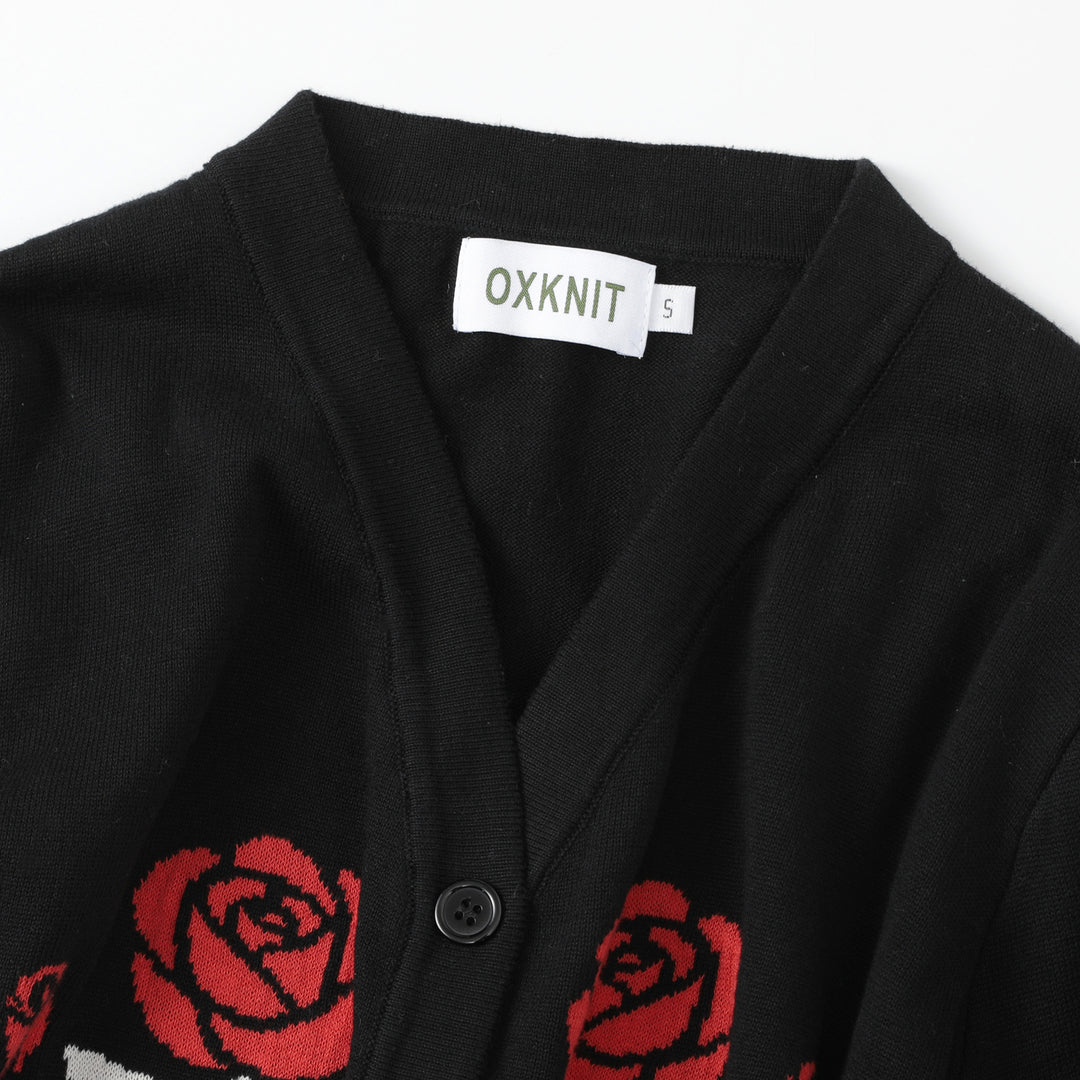 Women's Black Dark Romantic Black Cat & Red Rose Bell Sleeve Knit Cardigan