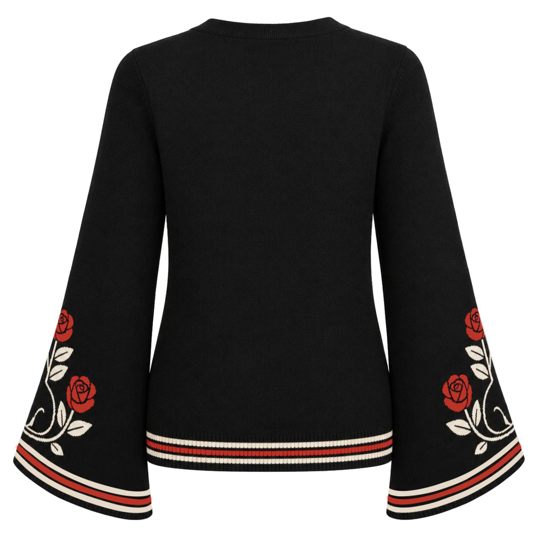 Cárdigan de punto negro romántico oscuro para mujer con gato negro, rosa roja y mangas acampanadas