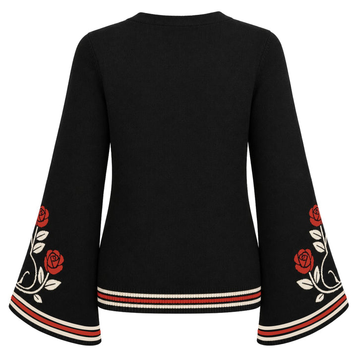 Cárdigan de punto negro romántico oscuro para mujer con gato negro, rosa roja y mangas acampanadas