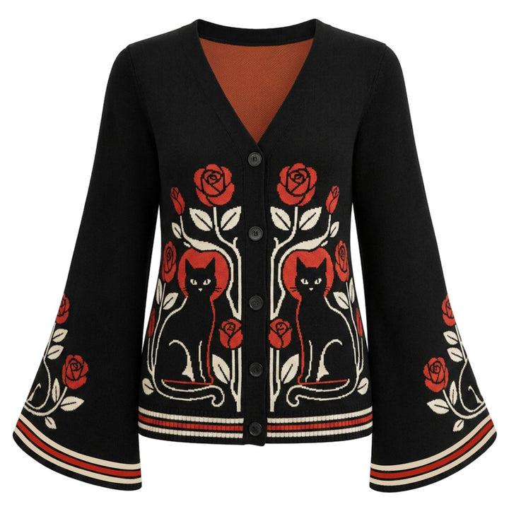 Cárdigan de punto negro romántico oscuro para mujer con gato negro, rosa roja y mangas acampanadas