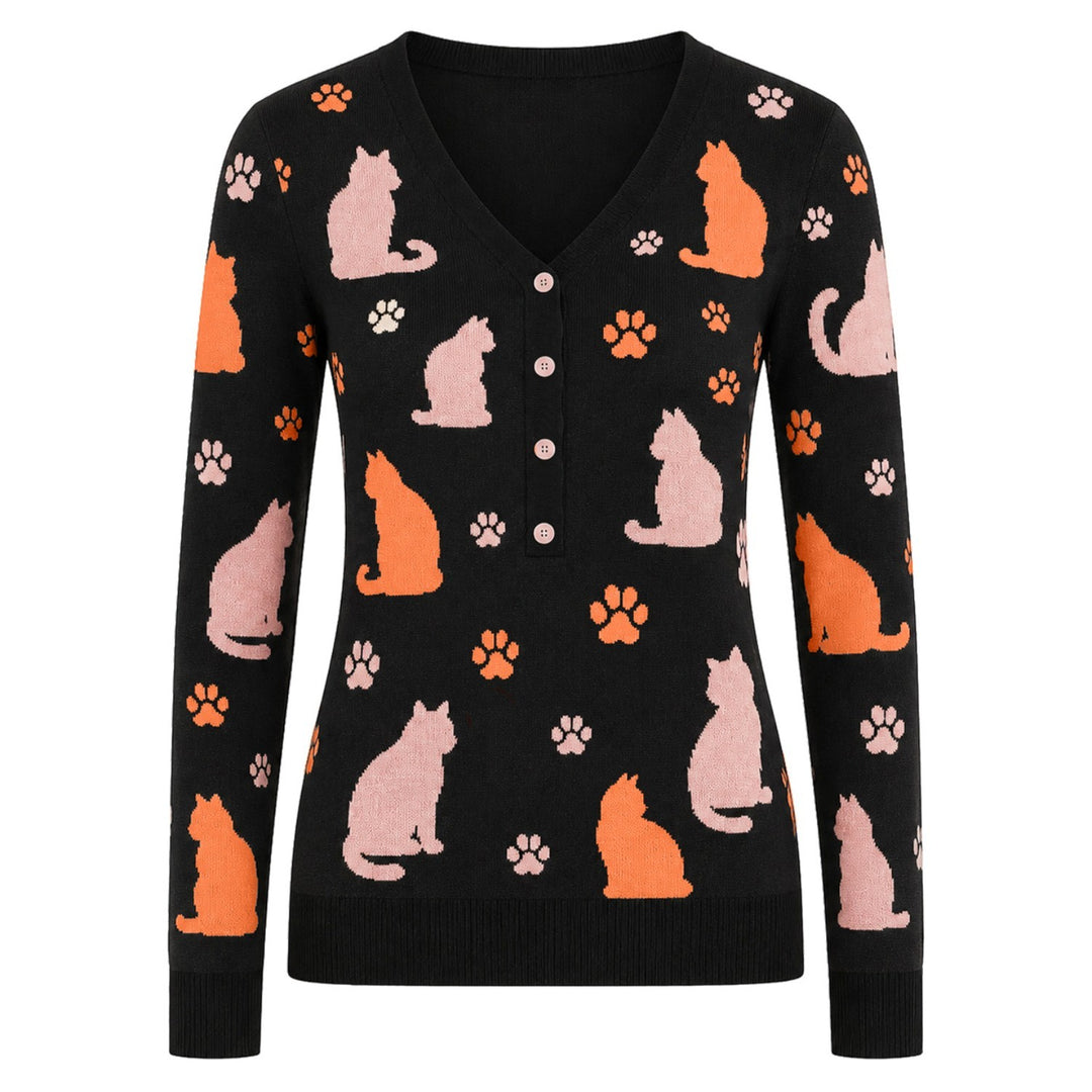 Women's Black Fun Cat Vintage Jacquard Knit Cardigan
