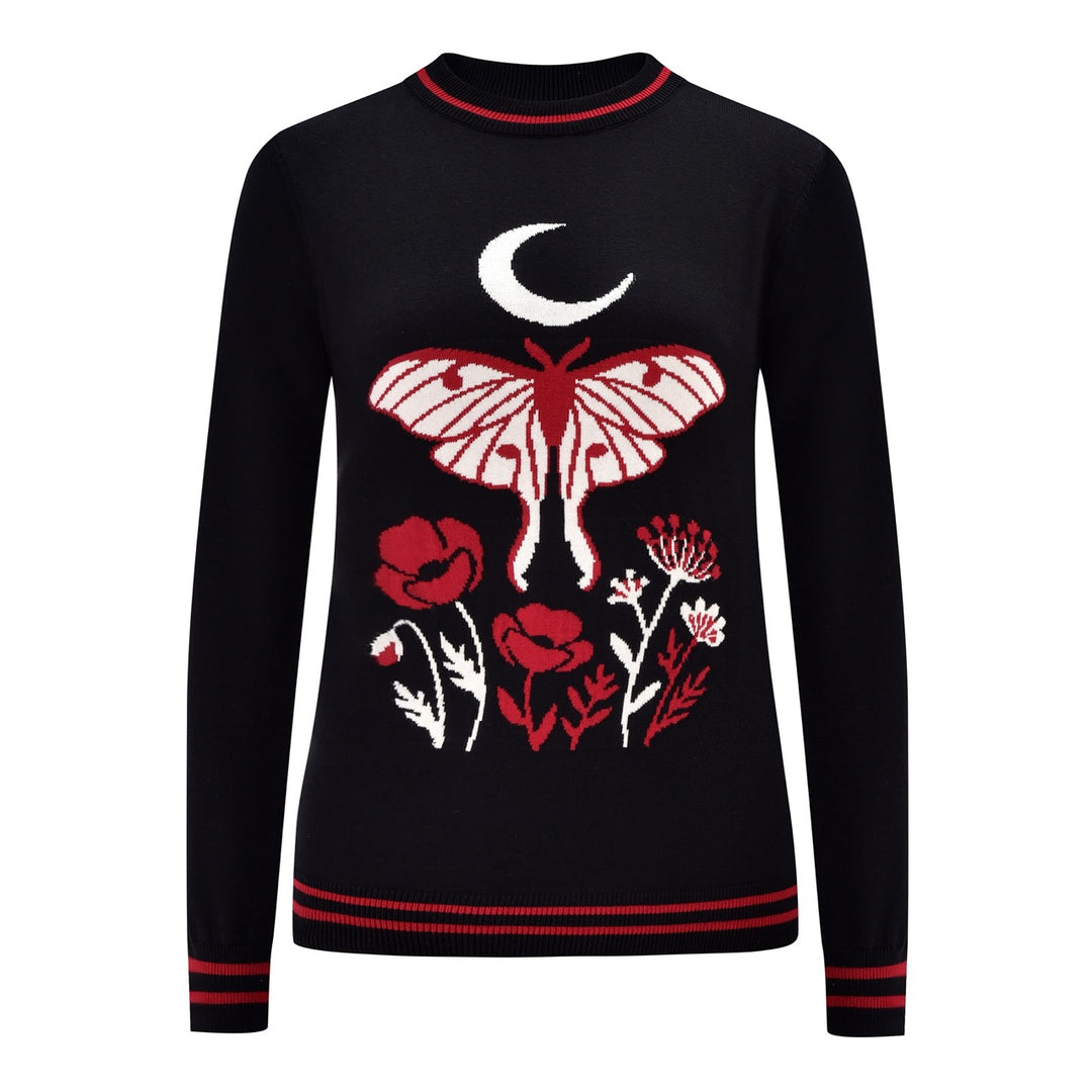 Dame Sort Mock Neck Botanisk Blomstret Jacquard Striktrøje