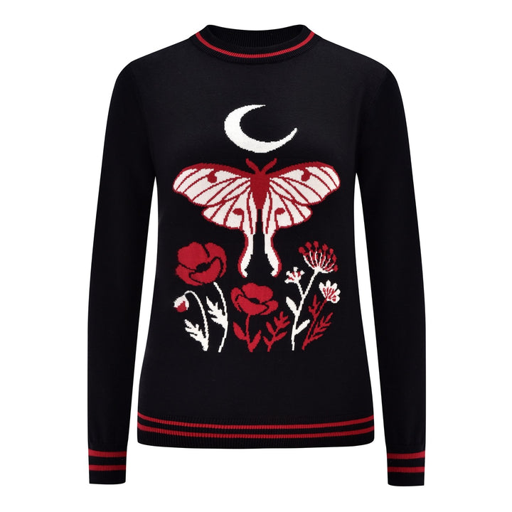 Dame Sort Mock Neck Botanisk Blomstret Jacquard Striktrøje