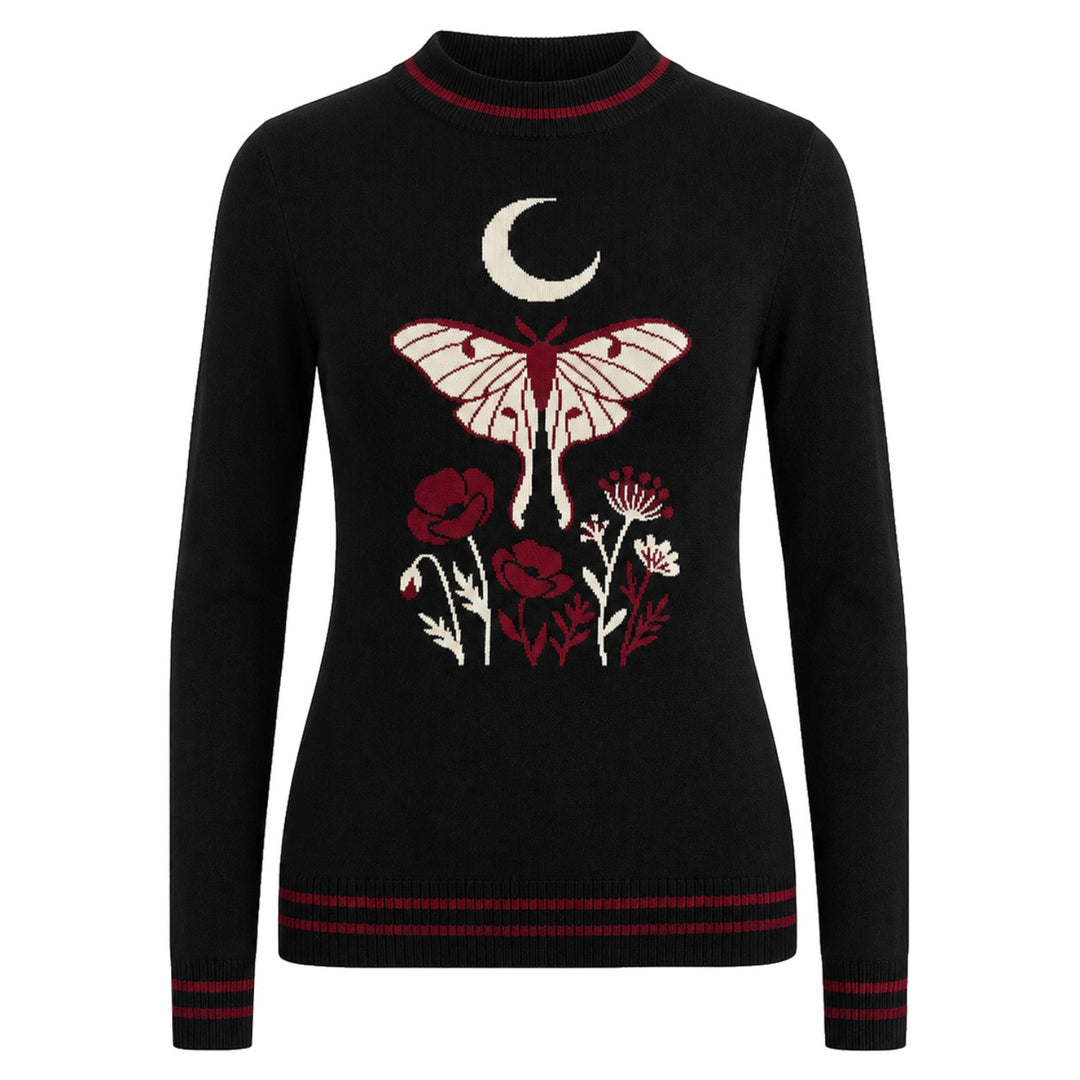 Women's Black Mock Neck Botanical Floral Jacquard Knit Sweater
