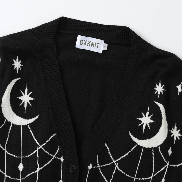 Women's Black Mystical Sun & Moon Jacquard Knit Cardigan - Cropped Length