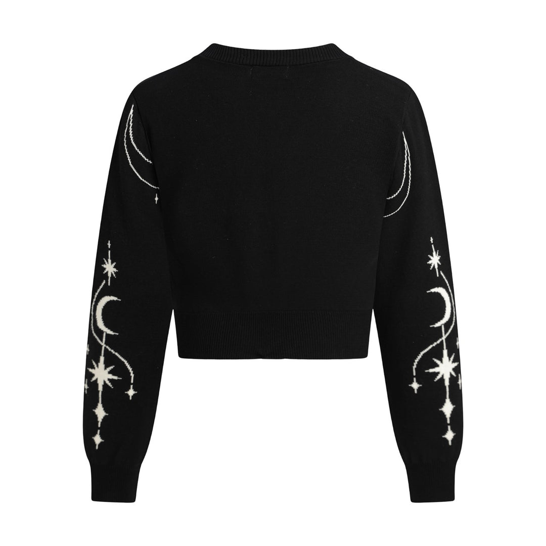 Women's Black Mystical Sun & Moon Jacquard Knit Cardigan - Cropped Length