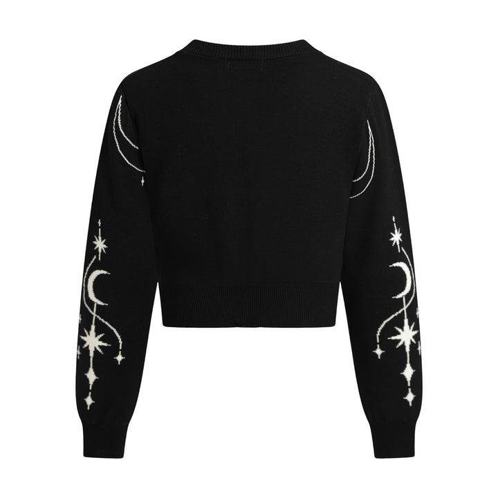 Women's Black Mystical Sun & Moon Jacquard Knit Cardigan - Cropped Length