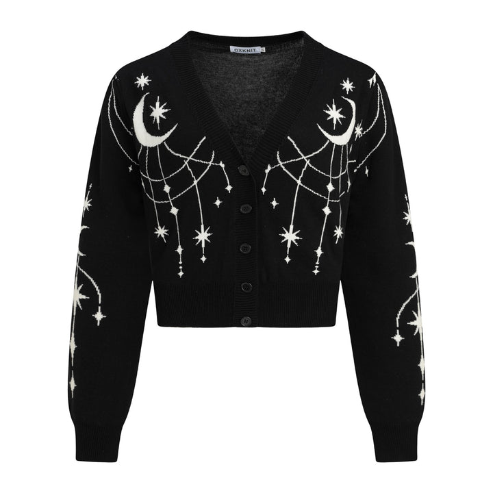 Women's Black Mystical Sun & Moon Jacquard Knit Cardigan - Cropped Length