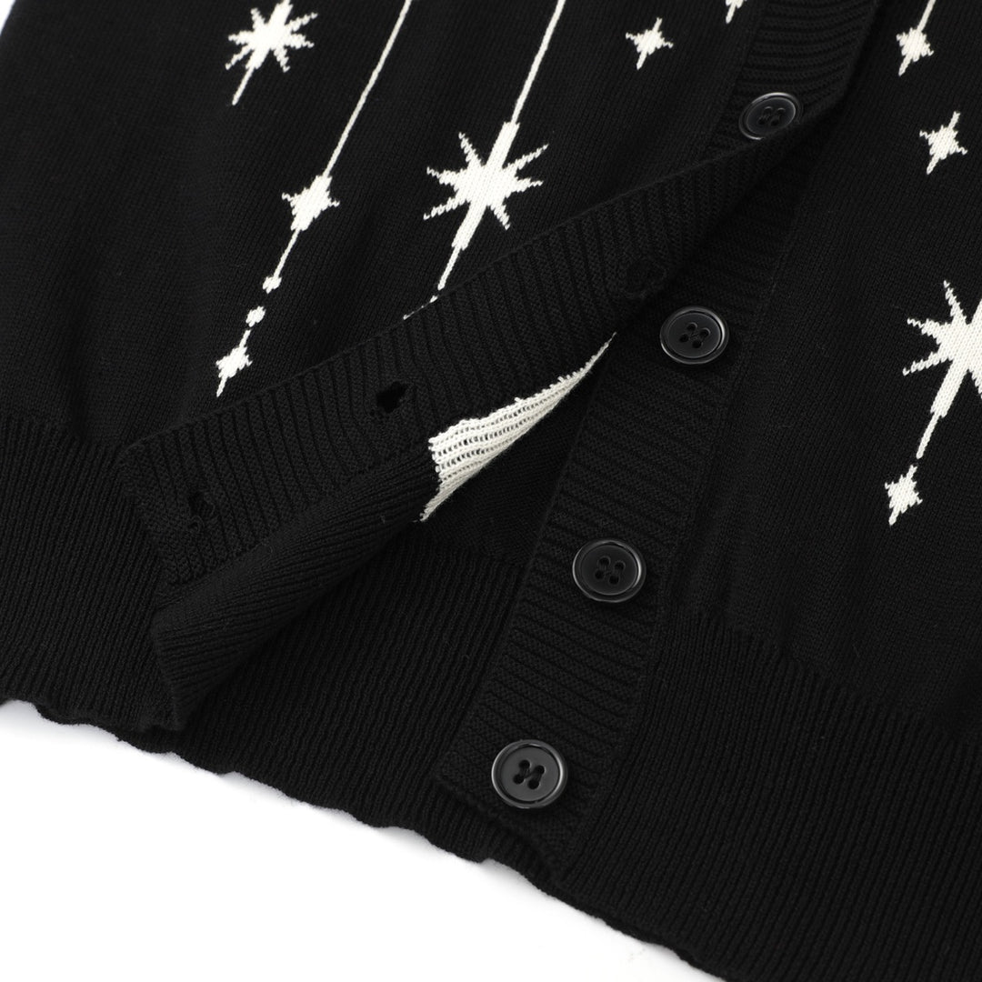 Women's Black Mystical Sun & Moon Jacquard Knit Cardigan - Cropped Length