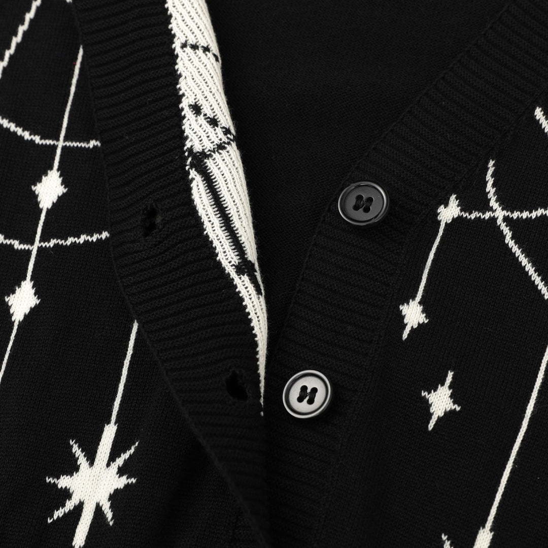 Women's Black Mystical Sun & Moon Jacquard Knit Cardigan - Cropped Length
