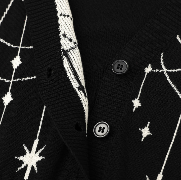 Women's Black Mystical Sun & Moon Jacquard Knit Cardigan - Cropped Length