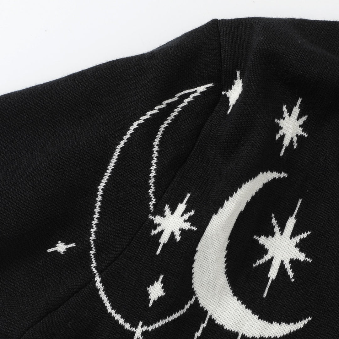 Women's Black Mystical Sun & Moon Jacquard Knit Cardigan - Cropped Length