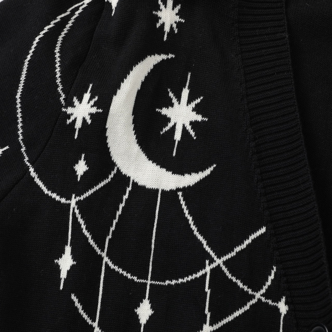 Women's Black Mystical Sun & Moon Jacquard Knit Cardigan - Cropped Length