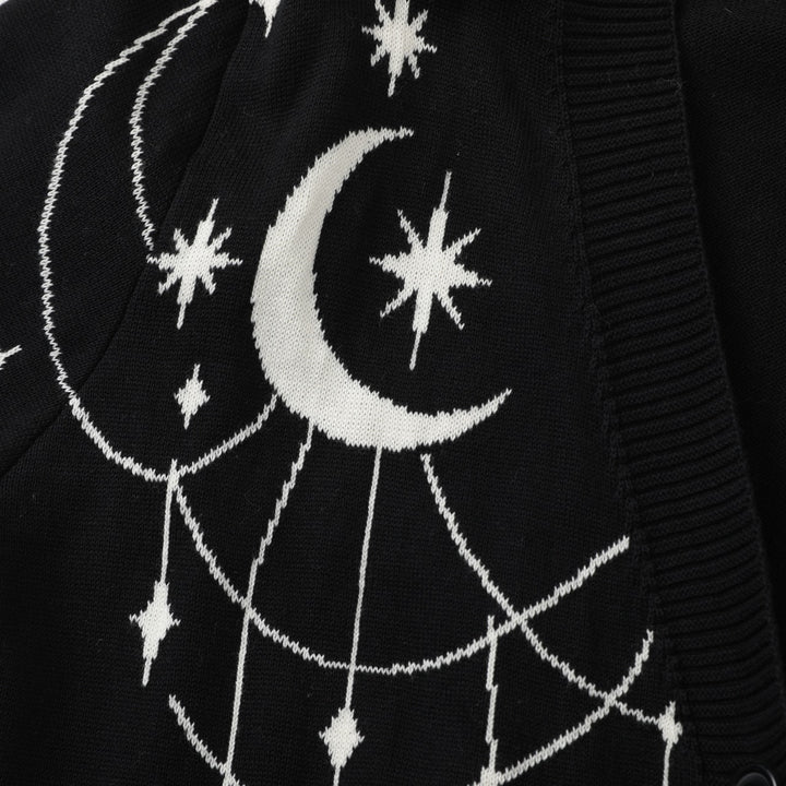 Women's Black Mystical Sun & Moon Jacquard Knit Cardigan - Cropped Length