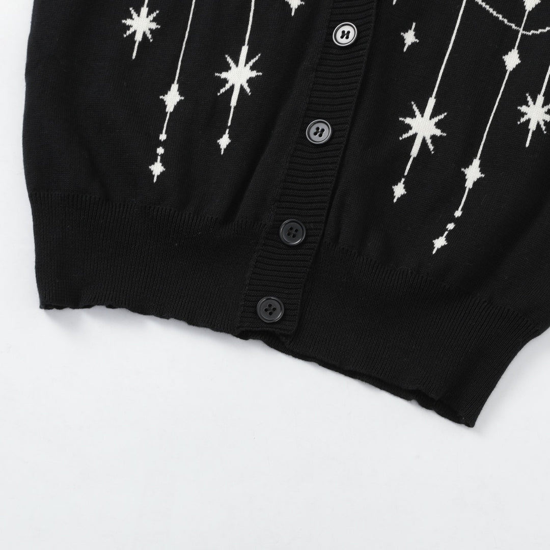 Women's Black Mystical Sun & Moon Jacquard Knit Cardigan - Cropped Length
