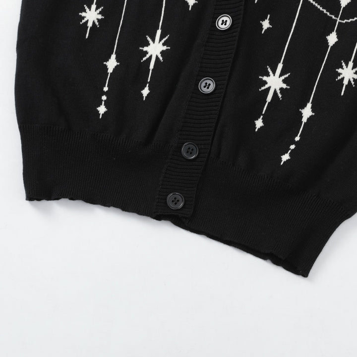 Women's Black Mystical Sun & Moon Jacquard Knit Cardigan - Cropped Length