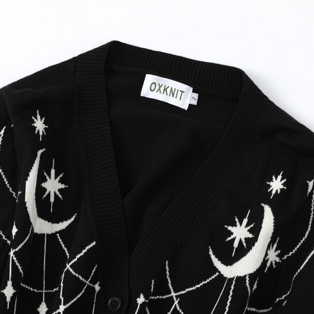 Women's Black Mystical Sun & Moon Jacquard Knit Cardigan - Cropped Length