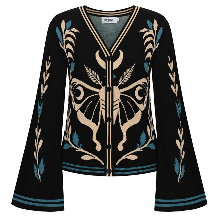 Cardigan de Malha Feminino Gótico Escuro Místico com Jacquard de Borboleta e Decote em V