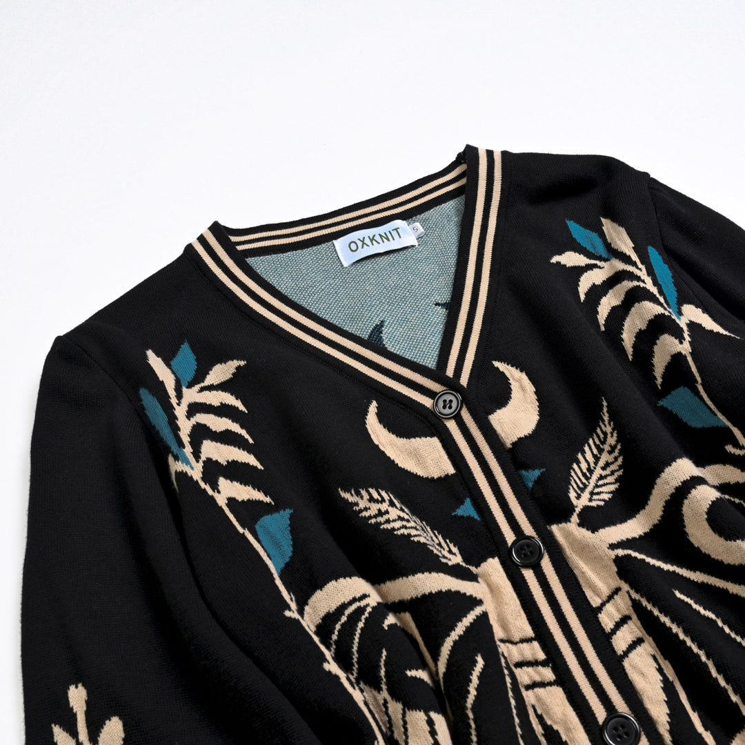 Cardigan de Malha Feminino Gótico Escuro Místico com Jacquard de Borboleta e Decote em V