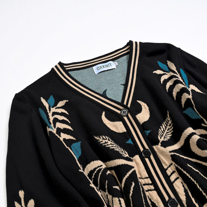 Cardigan de Malha Feminino Gótico Escuro Místico com Jacquard de Borboleta e Decote em V