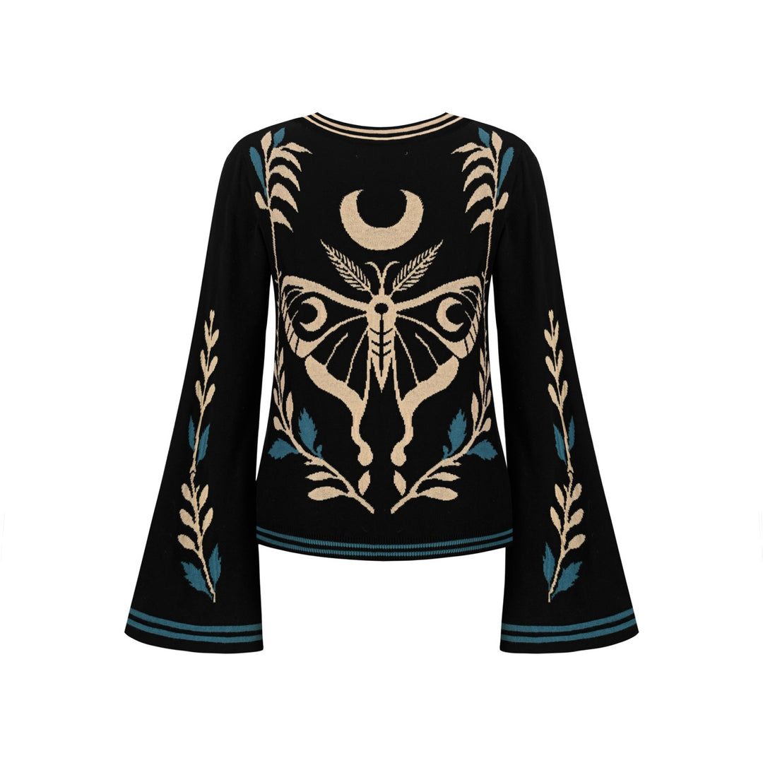 Cardigan de Malha Feminino Gótico Escuro Místico com Jacquard de Borboleta e Decote em V