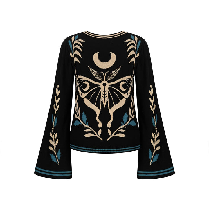 Cardigan de Malha Feminino Gótico Escuro Místico com Jacquard de Borboleta e Decote em V