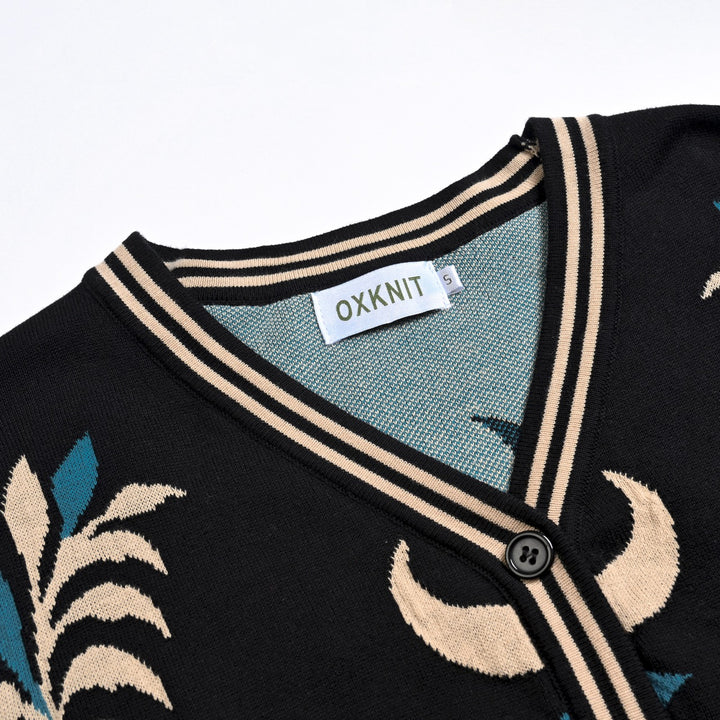 Cardigan de Malha Feminino Gótico Escuro Místico com Jacquard de Borboleta e Decote em V