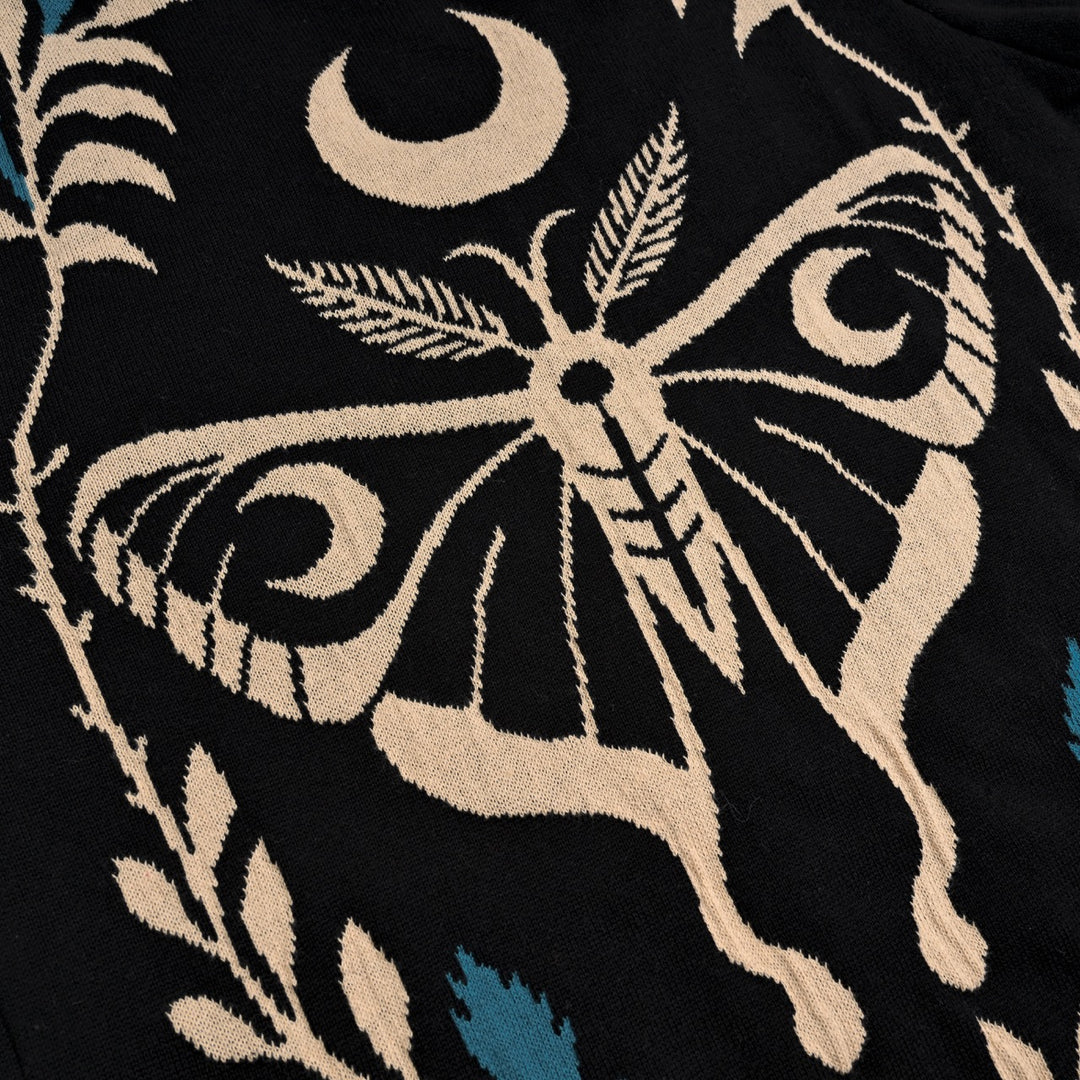 Cardigan de Malha Feminino Gótico Escuro Místico com Jacquard de Borboleta e Decote em V