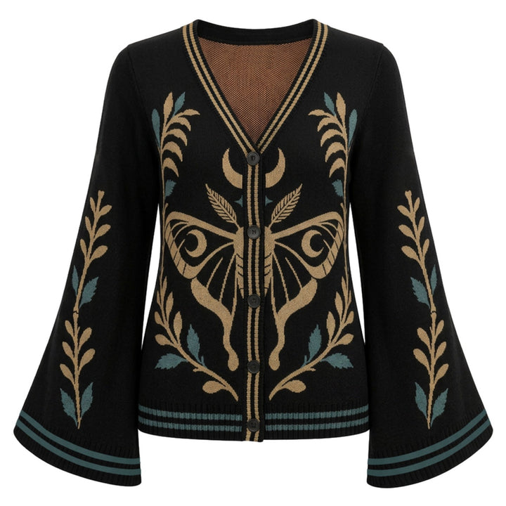 Women's Dark Gothic Mystical Moth Jacquard V-Neck Knit Cardigan