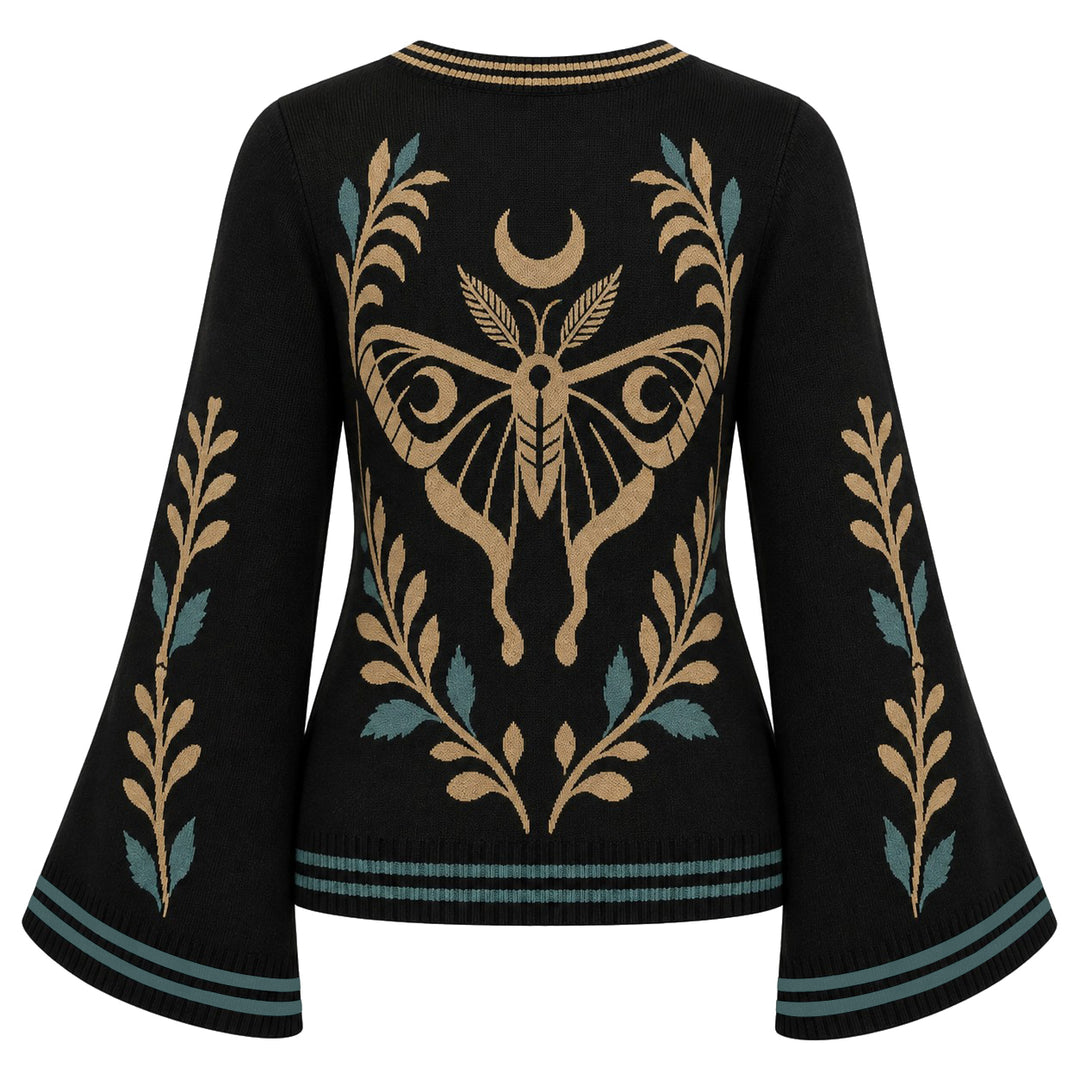 Women's Dark Gothic Mystical Moth Jacquard V-Neck Knit Cardigan