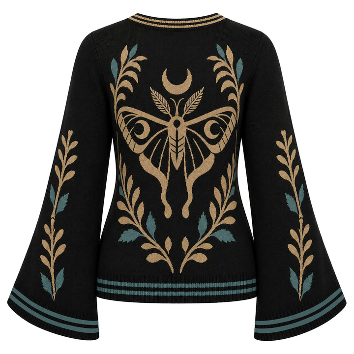 Women's Dark Gothic Mystical Moth Jacquard V-Neck Knit Cardigan