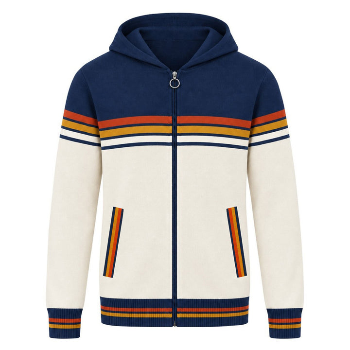 Men's Beige 70s Sporty Collegiate Hooded Knit Cardigan