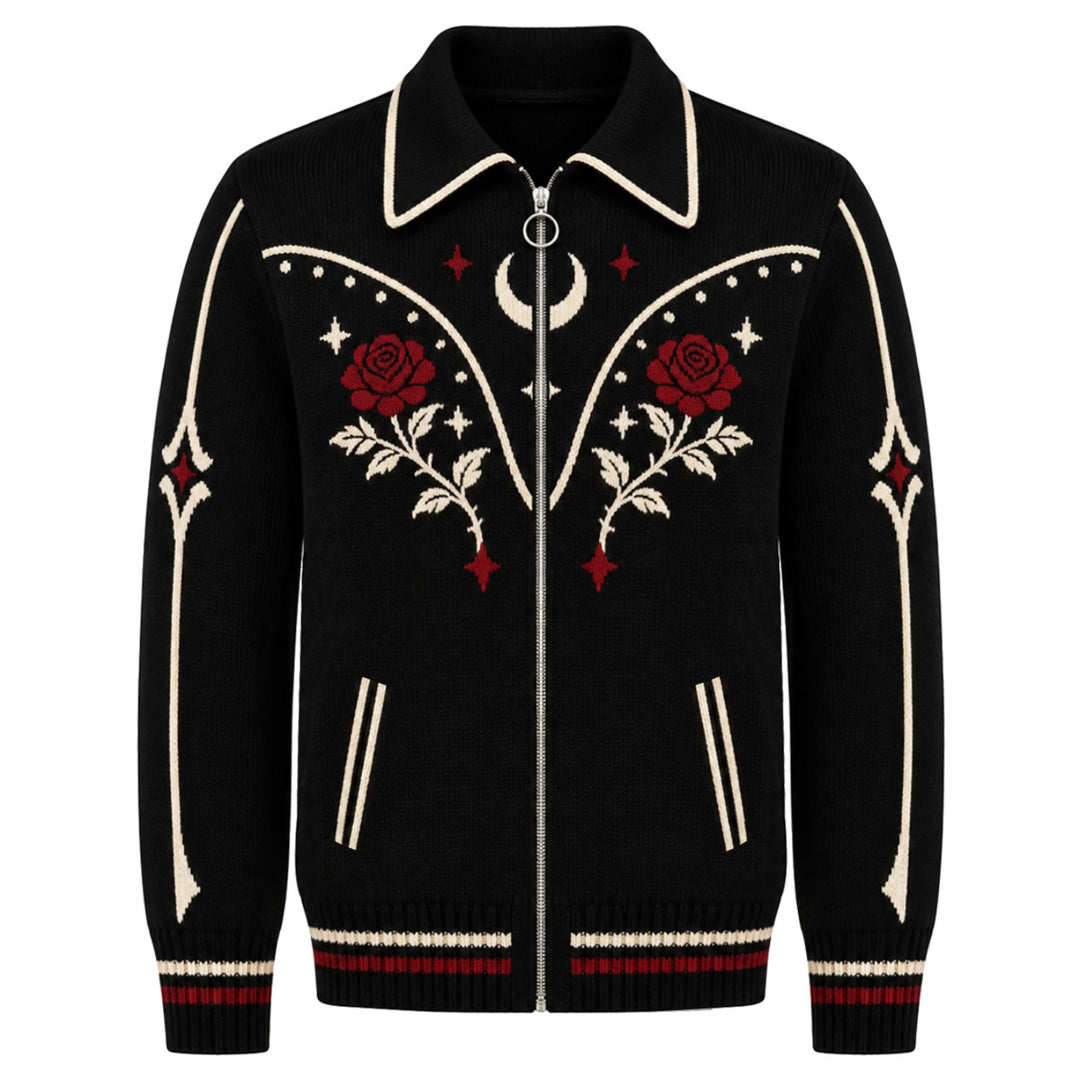 Men's Black Western Gothic Rose Jacquard Polo Knit Cardigan