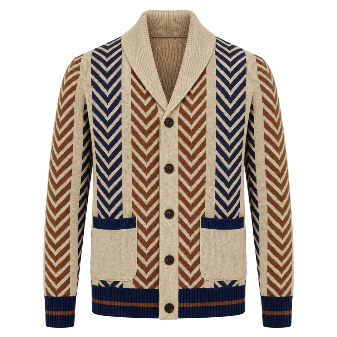 Cardigan de Malha Jacquard Clássico aos Quadrados Vintage Castanho para Homem